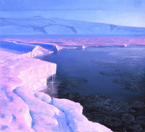 White Island Yellow Light on Shorefast Ice Antarctica Painting by David Rosenthal Alaskan Artist